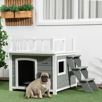 Produktbild von Hundehütte mit Dachterrasse & Treppe, Hundehaus Tannenholz wetterfest, erhöhter Boden, Hellgrau | 121 x 77 x 78 cm | bis 20 kg