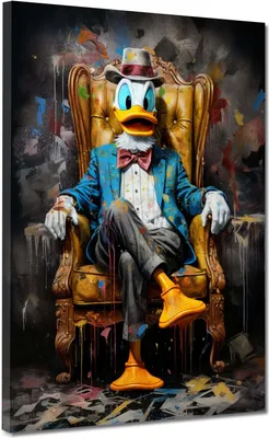 Produktbild von Comic Duck Pop Art im Sessel Dark Leinwandbild Wandbild Kunstdruck XL Wanddeko: 75x100x2cm