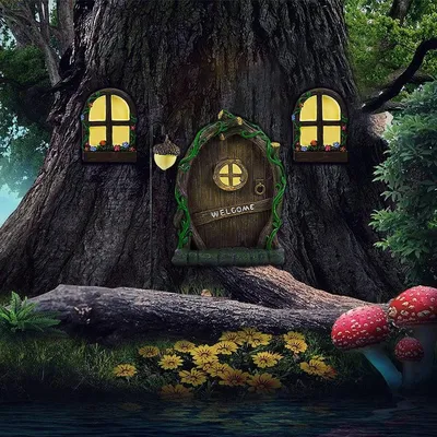 Image de Porte de fée décorative pour arbre - Résine - Couleur naturelle - Avec deux fenêtres - Lumineuse dans le noir - Pour jardin et chambre