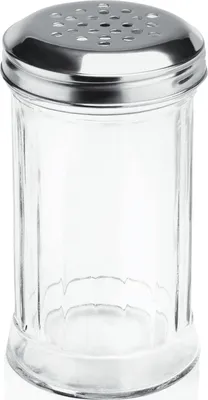 A clear, professional studio shot of a glass sugar shaker with a stainless steel lid.