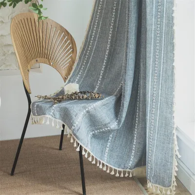 Produktbild von Boho-Vorhänge mit Fransen - 132 x 213 cm - Leinenoptik - Halbtransparent - Streifenmuster
