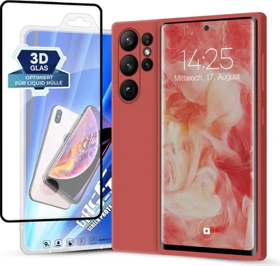 Produktbild von Hülle für Samsung Galaxy S23 Ultra mit 9H Displayglas Displayschutz Plus Case Cover Bumper Silikon Softgrip Schutzhülle Farbe: Rot