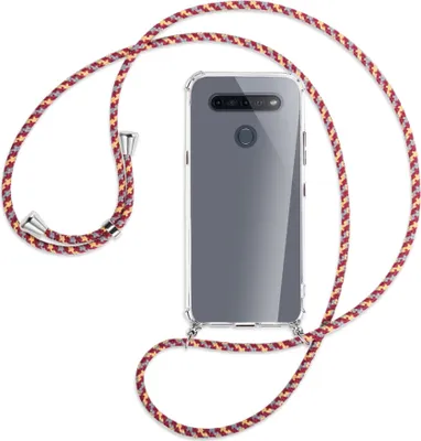 Produktbild von Handykette Backcover-Schutzhülle mit Band (Metall silberfarben) für LG K51S LM-K510 - weinrot/gelb/grau
