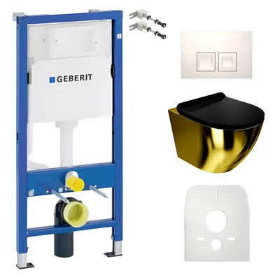 Produktbild von DOMINO Geberit Duofix Basic Vorwandelement + Wand-WC Tiefspül Sofi Slim Becken Gold/Schwarz Spülrandlos + Bedienplatte Delta 25 für Doppelspülung |Set