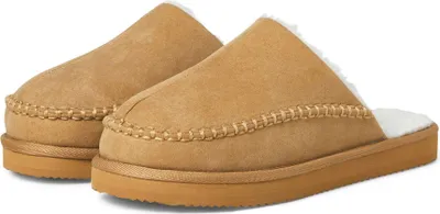 A pair of tan slippers with white lining and brown soles, shown from a side angle.