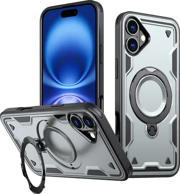 Produktbild von Dual Layer Hülle für iPhone 16 Metall Ring Ständer Magnetisch Stoßfest Militär Handyhülle Grau