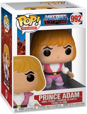 A Funko Pop! vinyl figure of Prince Adam from Masters of the Universe, displayed in its original packaging.
