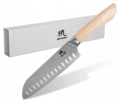 Zdjęcie produktu dla Nóż wielofunkcyjny Herder „Santoku”, nierdzewny, niebieski, rękojeść z drewna wiśniowego, olejowana, blister składany