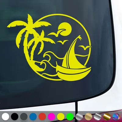 Produktbild von PantherPixel Sonne Strand Aufkleber Palmen Urlaub Reisen Segelboot Sticker Auto Geschenkidee Farbe Neon-Gelb