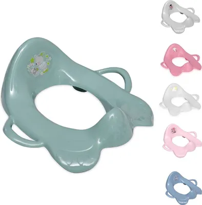 A main product image showing a green toilet seat for children, with smaller images of the same product in different colors arranged on the right side.