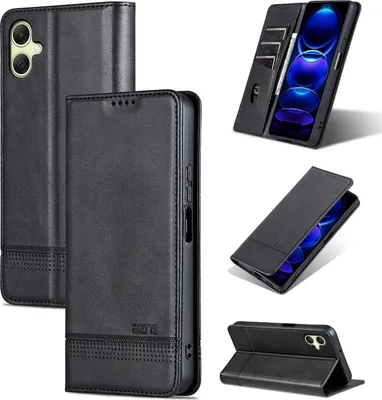Image de Etui en cuir pour Samsung Galaxy A06, étui portefeuille pliable avec fermeture magnétique et support noir