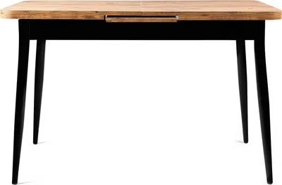 A table with a wooden top and black legs, shown from the front against a white background.