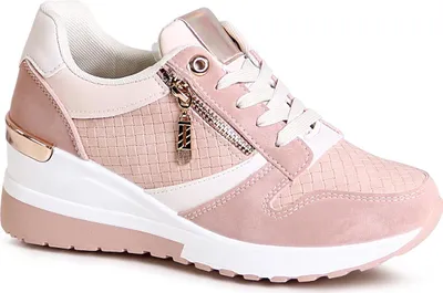 A single pink wedge sneaker is shown from the side against a white background.