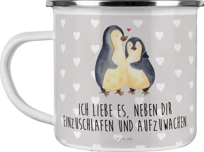 Produktbild von Mr. & Mrs. Panda Pott Pinguine Einschlafen - Grau Pastell - Geschenk, Mitbringsel, für Freundin, Emaille Tasse, metallbecher, Freund, Haferl, Hochzeitstag, Valentinstag