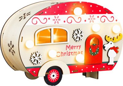 LED Deko Holz Wohnwagen mit Beleuchtung - 21 x 14 cm - Weihnachts Caravan mit 10 LED in warm weiß - Advent Winter Weihnachten Tischdeko Weihnachtsdeko Fensterdeko Deko Aufsteller Weihnachtsdorf Zubehör