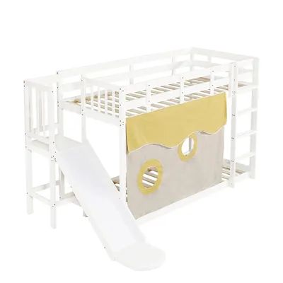 Produktbild von Flieks Etagenbett 90x200cm mit Rutsche & Rausfallschutz, Kinderbett Hochbett mit Leiter & Regal, Holzbett Stockbett mit Lattenrost, Weiß