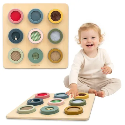 Obrázok produktu pre Montessori hračky – drevená motorická doska, aktivity: 9 – senzorická doska – podporuje jemnú motoriku – vzdelávacia hračka pre bábätká – od 18 mesiacov