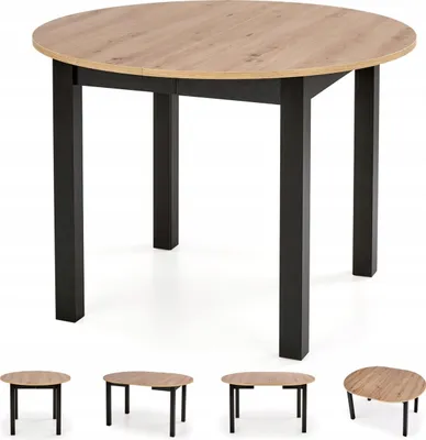 A round dining table with black legs, shown in its extended state and in various smaller configurations at the bottom.