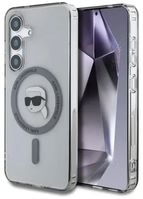 Produktbild von Karl Lagerfeld Button Karl Head Gedrucktes Logo MagSafe - Samsung Galaxy S25 Hülle (Schwarz)