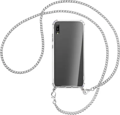 Produktbild von Handykette Backcover-Schutzhülle mit Band (Metall silberfarben) für Huawei Y6 2019 - silberfarbene Kette
