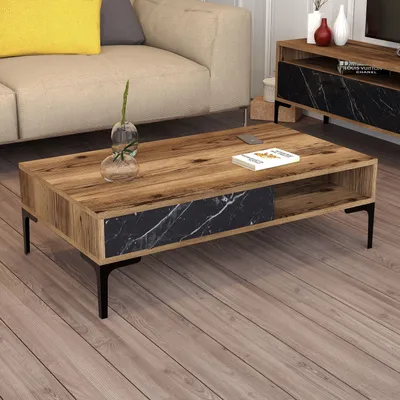 Produktbild von Skye Decor, Hochwertiger Couchtisch, Walnuss & Schwarz, 105 x 32,6 x 60 cm | 100% melaminbeschichtete Spanplatte, 18 mm dick | Moderner, industrieller Stil mit Metallbeinen (17 cm)