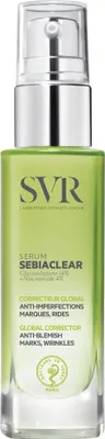 A product shot of a bottle of SVR Serum Sebiaclear.