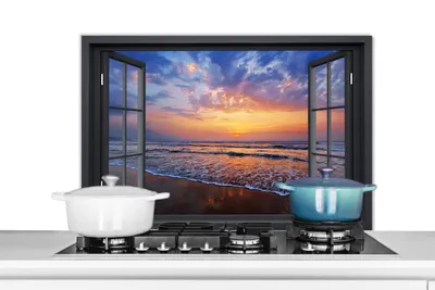 Produktbild von KitchenYeah® Spritzschutz Küche - Küchenrückwand - Wandschutz für Herd und Spüle - Aussicht - Meer - Strand 90x60 - Alu-Dibond (Alternative zum Spritzschutz aus Glas) - Hitzebeständig - Herdspritzsch