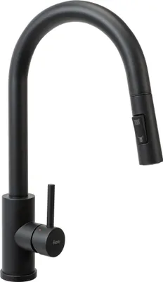 A black kitchen faucet with a pull-down sprayer.