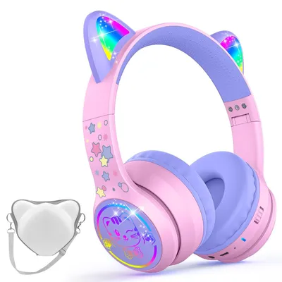 Obrázek produktu pro Bluetooth sluchátka pro děti s pouzdrem a LED světýlky, růžovo-fialová barva