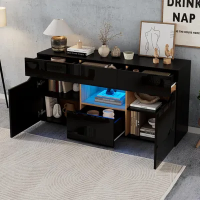 Produktbild von MODFU Sideboard Hochglanz Front Grifflose Schubladen Schrankfächer LED Beleuchtung Wohnzimmer Spanplatte Schwarz Holzfarben