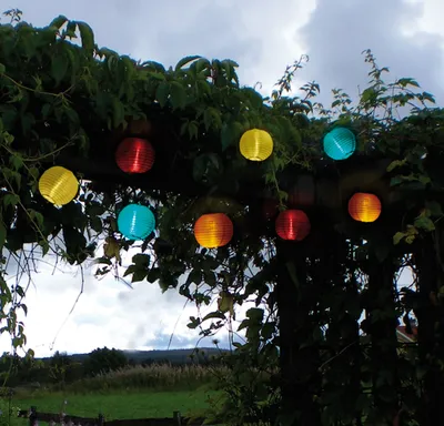 Colorful lanterns hanging from a vine-covered arbor in a garden.