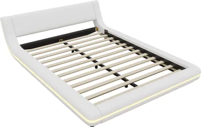 A white bed frame with a slatted base, shown from a diagonal angle.