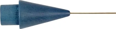 A close-up view of a blue conical object with a thin wire extending from its tip.
