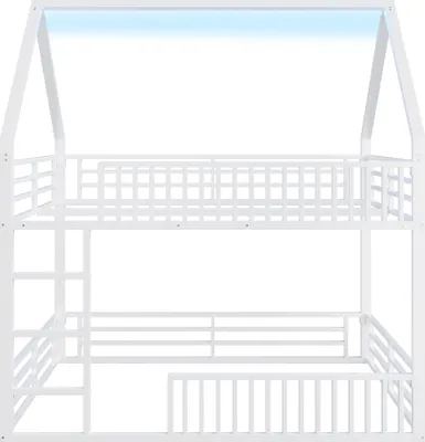 Produktbild von Merax Etagenbett 140x200 cm, Kinderbett mit Zaun, LED-Licht, Dachdesign Stockbett, Hochbett, Bodenbett, Eisenbett Jugendbett, Weiß