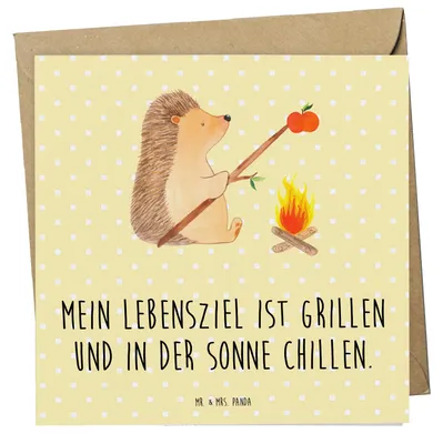 Produktbild von Mr. & Mrs. Panda Grußkarte Igel Grillen - Gelb Pastell - Geschenk, faltkarte, Glückwunschkarte, Arbeitslos, Ziele, Gute Laune, doppelkarte, Klappkarte, Spruch, Motivation