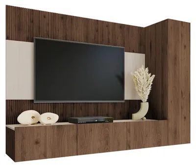 Produktbild von MIRJAN24 Wohnwand Deromi VI, Wohnzimmer Möbel Set, Griffloses Öffnungssystem push to open, 3er-Set (Farbe: Nuss Okapi / Nuss Okapi + Travertin)