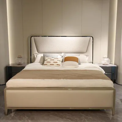 Image de Chambre à coucher Lit Lits Designer Lit double en bois naturel Cadre de lit Beige