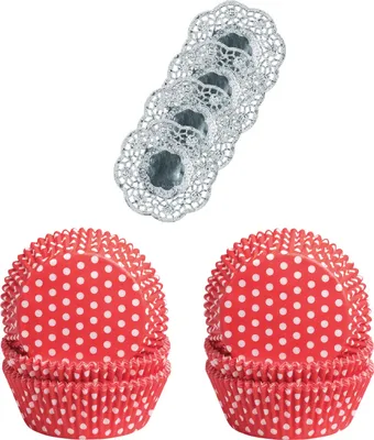 Produktbild von Demmler Muffinförmchen 2er Set - Punkte Weiß/Rot - Inklusive 4 Tassendeckchen in Silber - zum Backen und Verzieren von leckeren Muffins/Kuchen