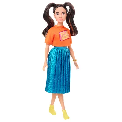 Produktbild von Barbie Fashionistas Puppe (brünett) mit blauem Rock, Anziehpuppe, Modepuppe