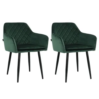 Produktbild von Lina® Noble Esszimmerstühle, 2er Set, Samt, Grün - Küchenstuhl, Wohnzimmerstuhl, Design Stuhl mit Armlehnen - Samt Stühle Esszimmer mit schwarzen Metallbeinen