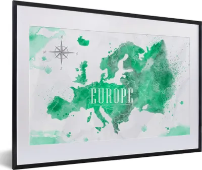 Produktbild von MuchoWow® MuchoWow® Gerahmtes Poster Weltkarte - Europa - Farbe 60x40 cm - Poster mit zchwarzem Bilderrahmen - Schlafzimmer - Plakat in Rahmen - Drucken
