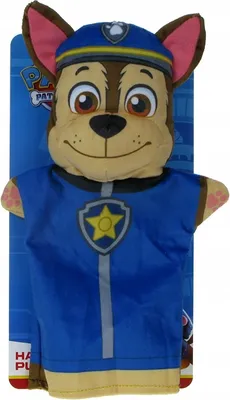 A plush hand puppet of Chase from Paw Patrol, presented on a blue backing card.