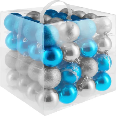 Produktbild von tectake® Weihnachtskugeln 64er-Set in SIlber und Blau Durchmesser 6 cm