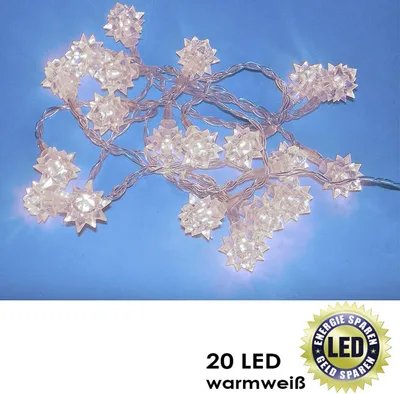 A string of 20 LED star-shaped lights on a blue background, with a circular energy-saving badge in the bottom right corner.