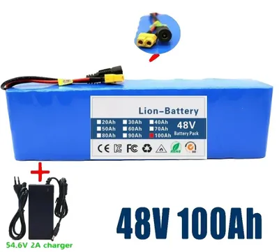 Immagine prodotto di Batteria agli ioni di litio, capacità 100Ah, compatibilità 48V, caricabatterie XT60 DC