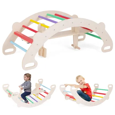Produktbild von DREAMADE Schaukelpferd-Klettergerüst, 4-in-1 Multifunktionales Schaukelpferd mit Kletterbogen, Krabbeltunnel & Schaukelbogen, 1-5 Jahre Alt