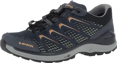 A single blue and orange hiking shoe is shown against a white background.