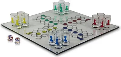 A glass Ludo board game with shot glasses and dice.