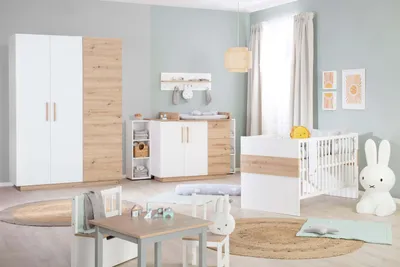 Produktbild von roba Kinderzimmerset 'Lion' 3-teilig - Kombi-Kinderbett 70x140 + Wickelkommode breit + Kleiderschrank 3-türig - Weiß - Nachbildung 'Artisan Eiche'