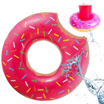 Produktbild von Różowy pierścień do pływania Donut - 110 cm - z nadmuchiwanym uchwytem na napój (zestaw Donut, 1-częściowy, pierścień do pływania + uchwyt na napój), 110 cm